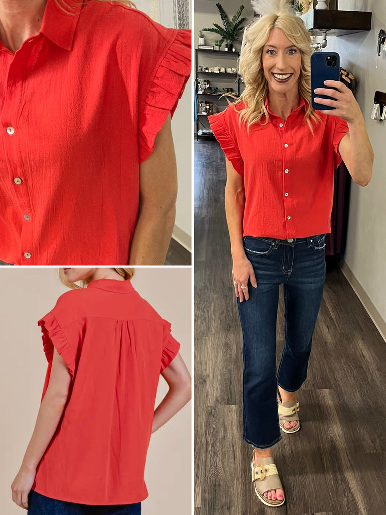 Anna Ruffle Accent Button-Up-Tomato