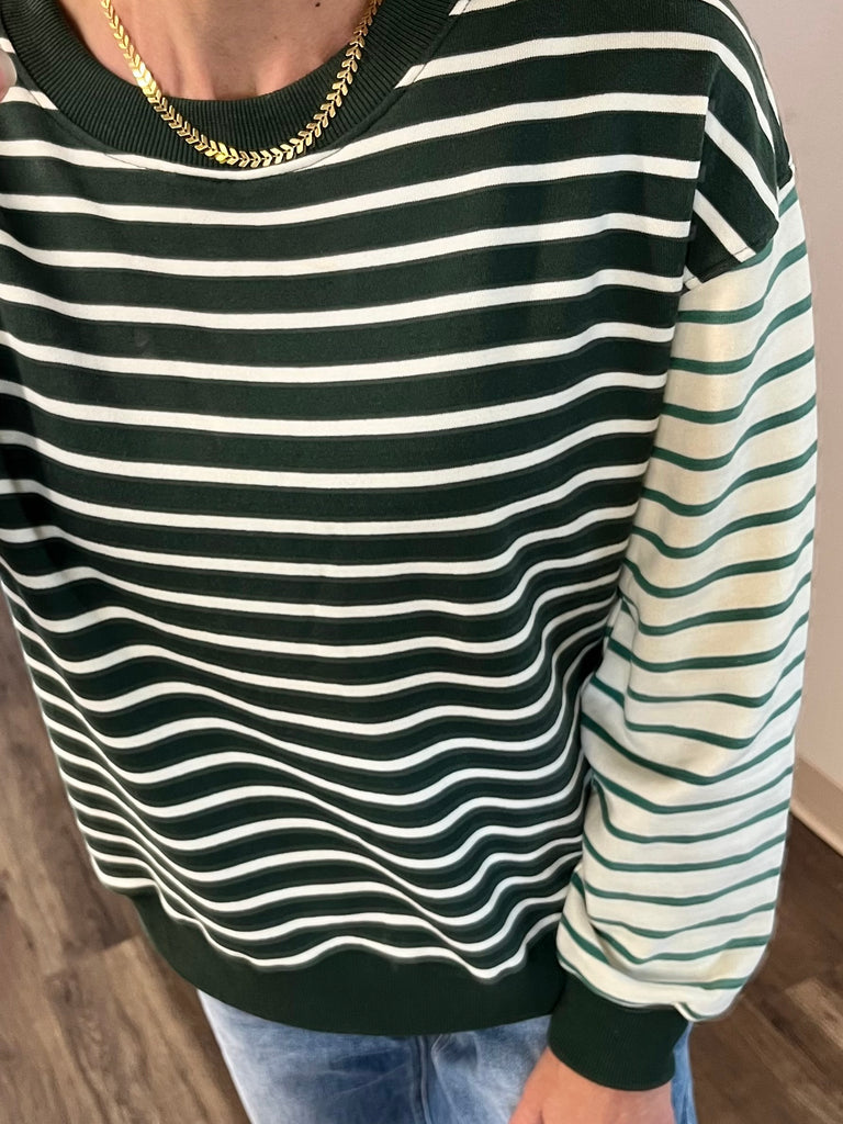 Tami Mixed Stripe Crewneck - Hunter Green