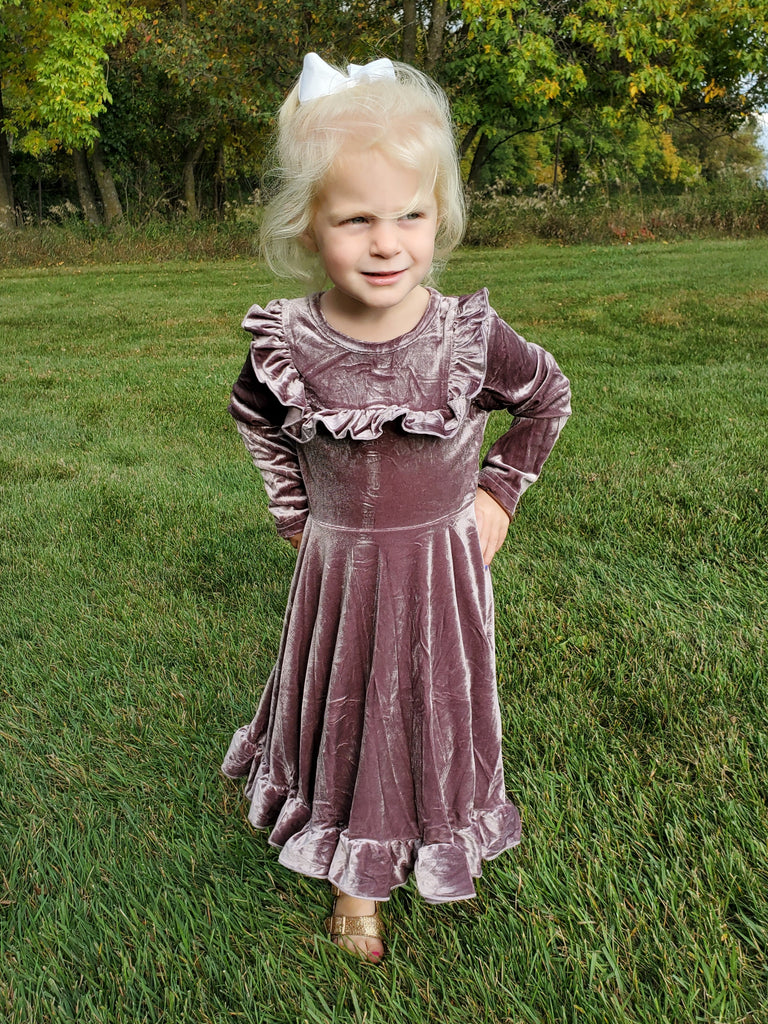 Lena Velvet Ruffle Dress - Plum - KIDS