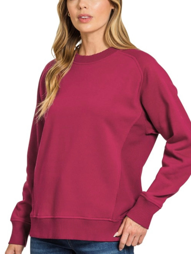Riley Ribbed Accent Pullover - Berry