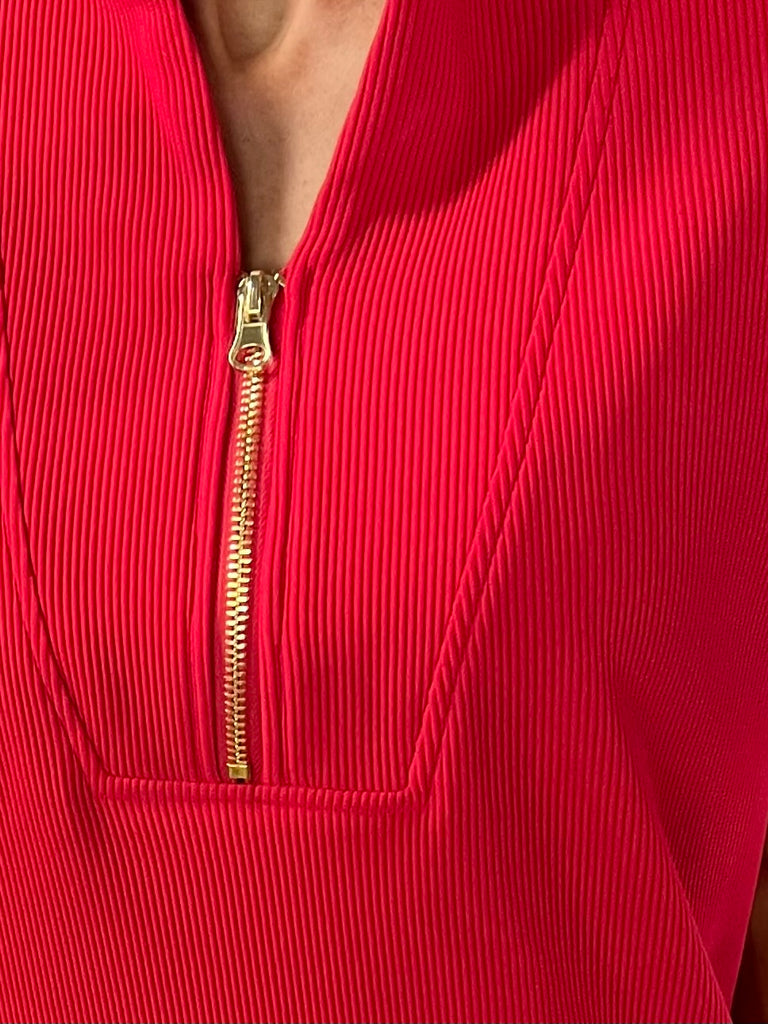 Kristina Ribbed 1/4 Zip Top - Red