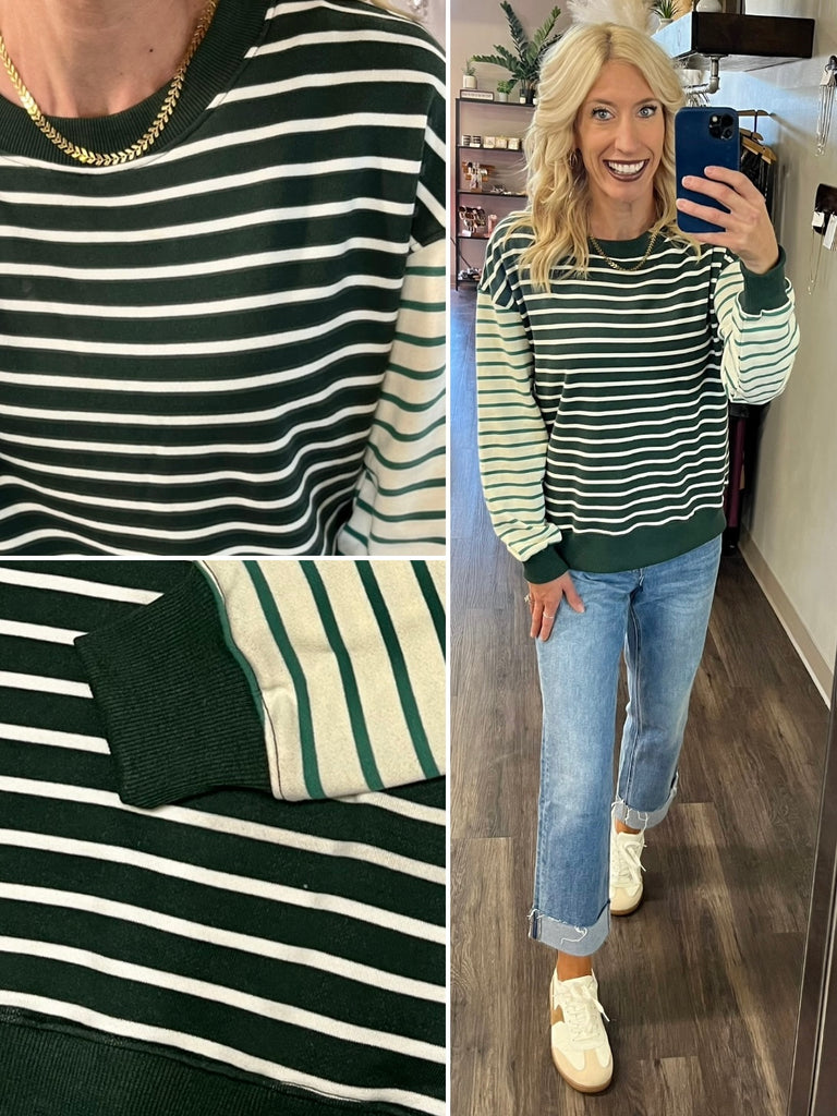 Tami Mixed Stripe Crewneck - Hunter Green