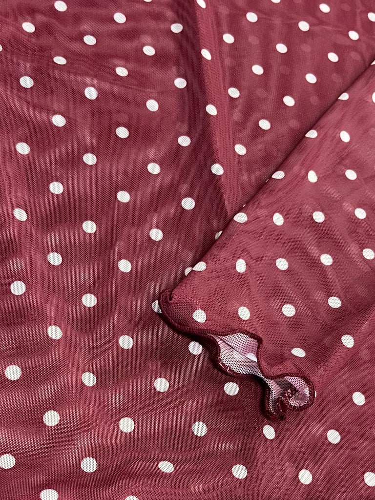 Sheila Long Sleeve Mesh Polka Dot - Maroon/White
