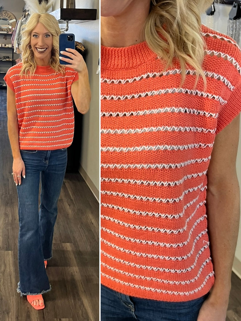 Trina Striped Knit Top - Bright Coral