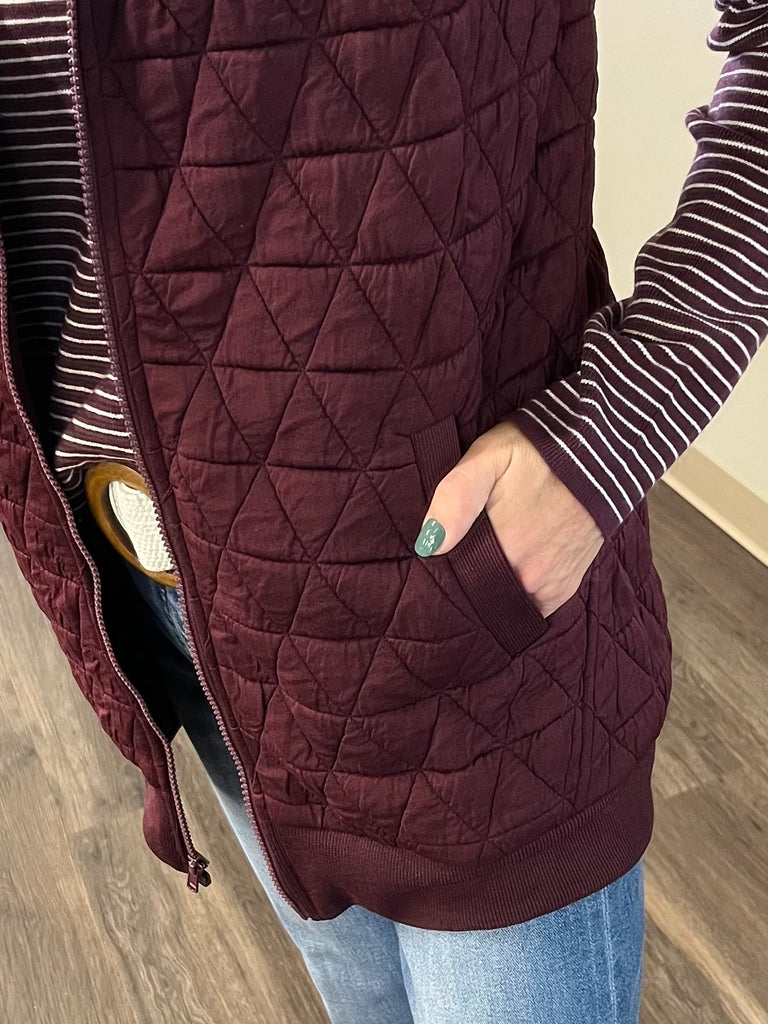 Rachel Long Quilted Vest - Maroon