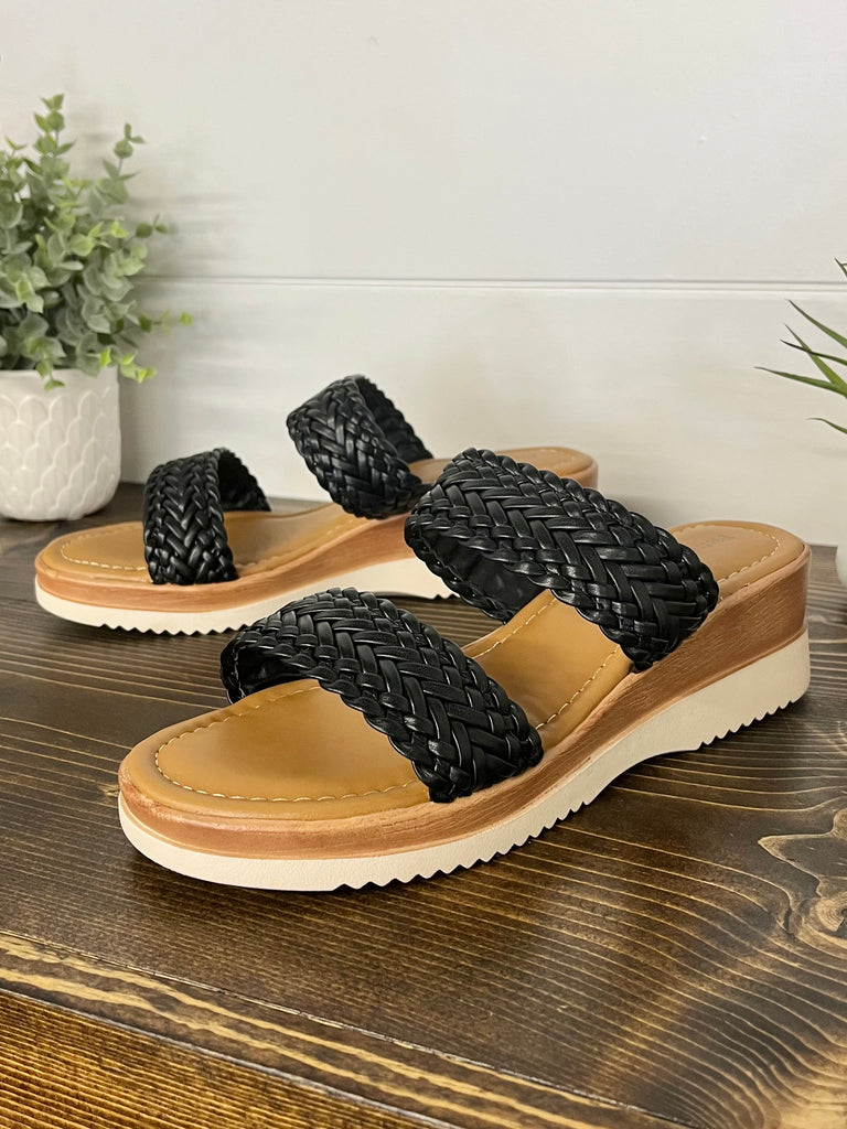 Diane Braided Wedge Sandals - Black