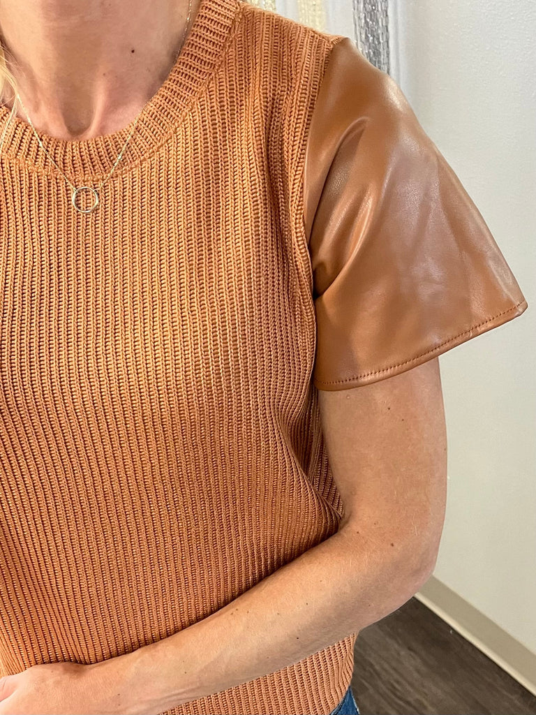 Kesley Leather Sleeve Top- Carmel