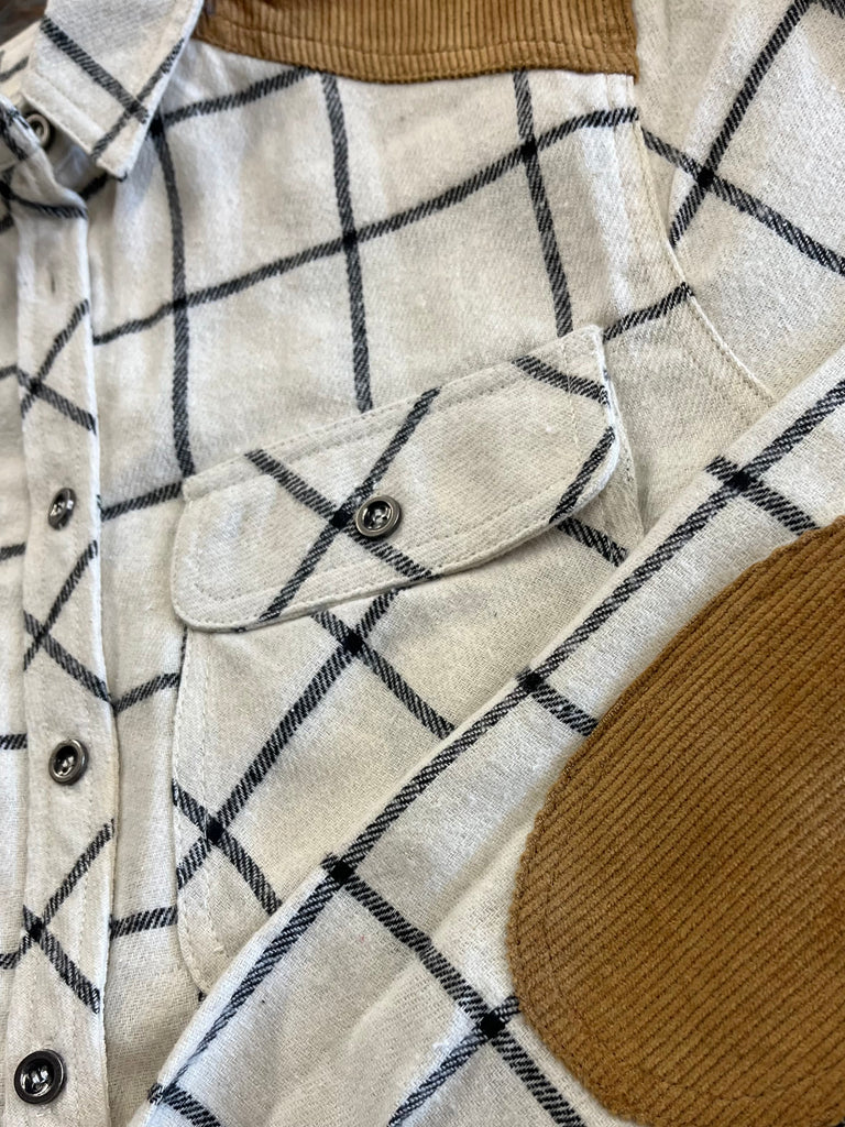 Aria Suede Accent Plaid Shirt - White/Brown