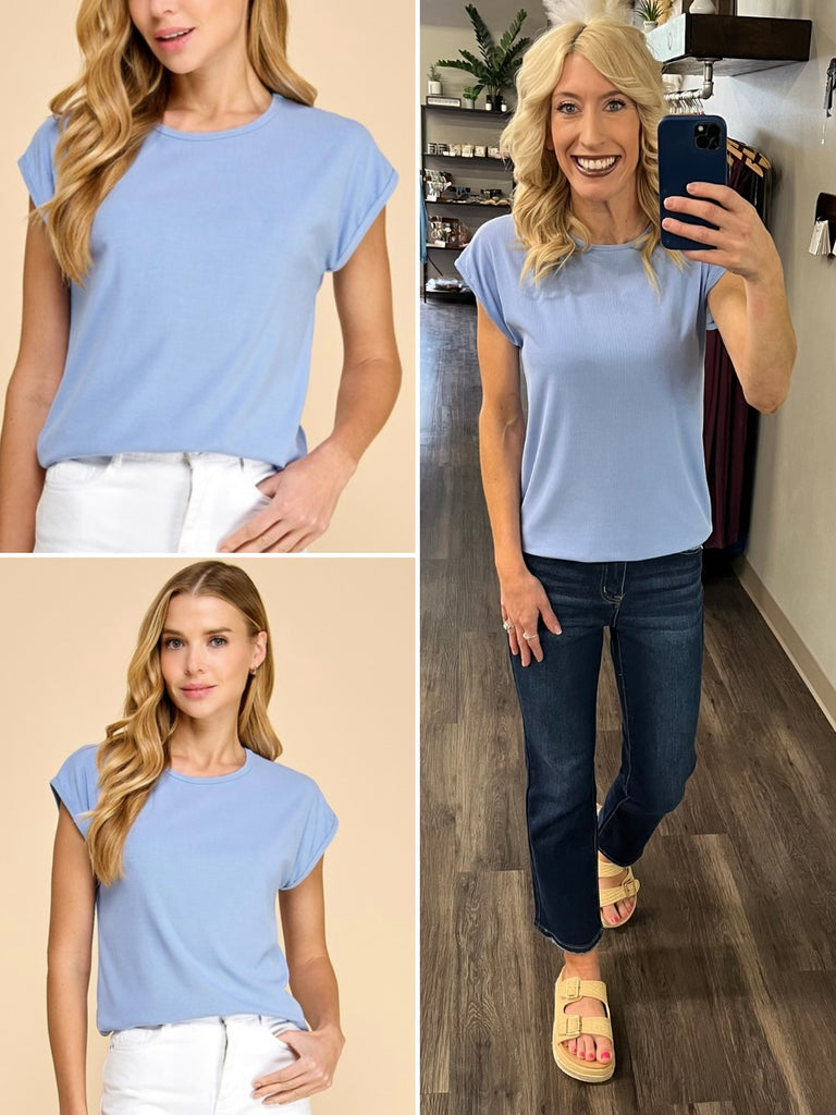 Katrina Ribbed Cap Sleeve Top - Perry Blue