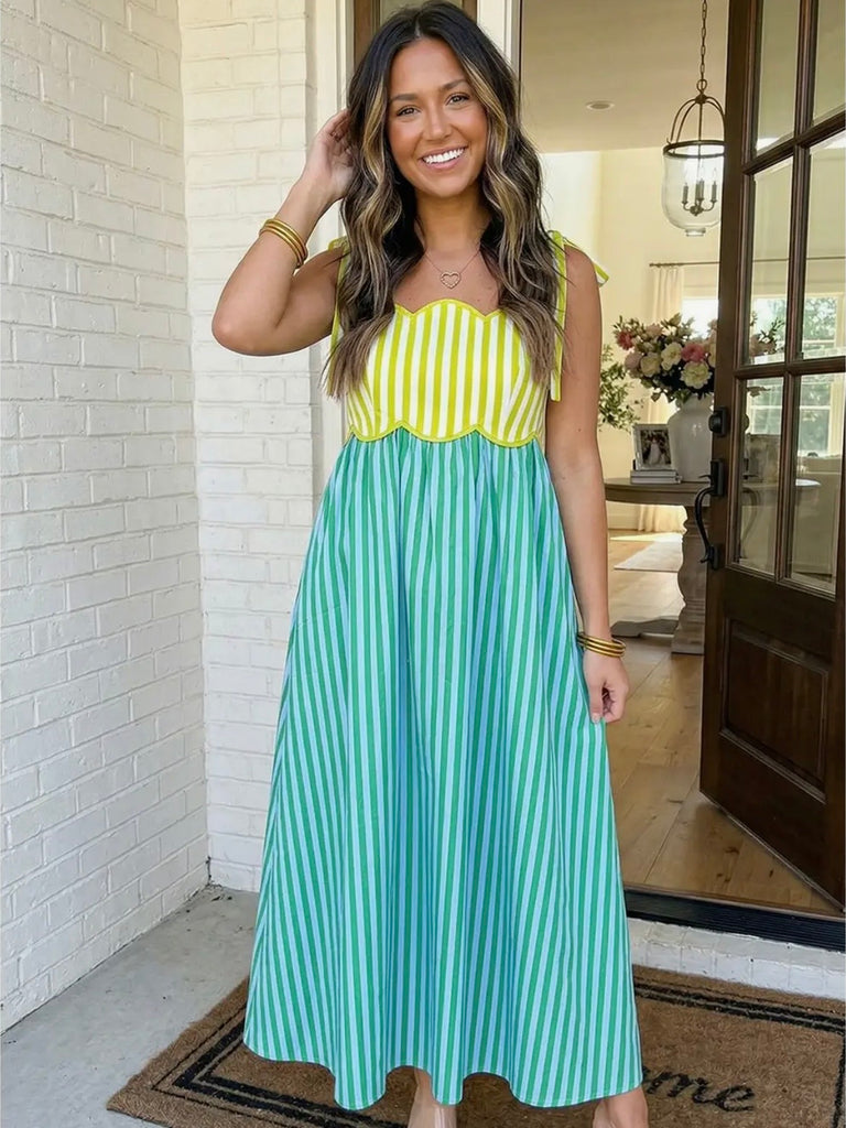 Lacey Striped Tied Dress- Green/Blue