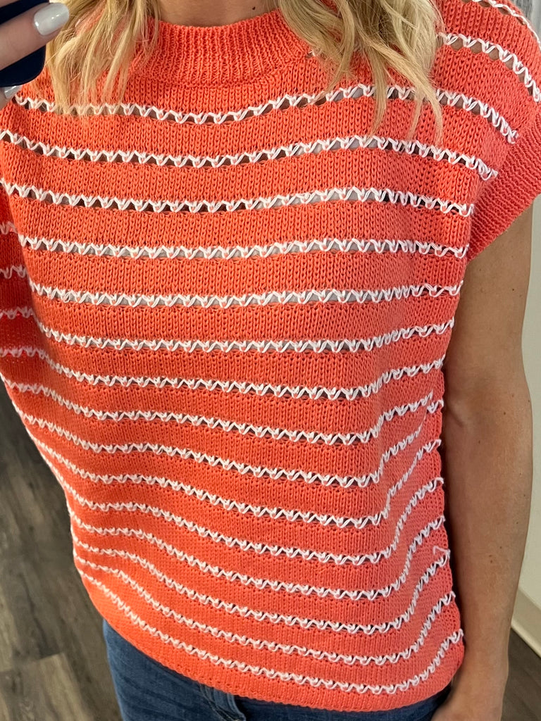 Trina Striped Knit Top - Bright Coral