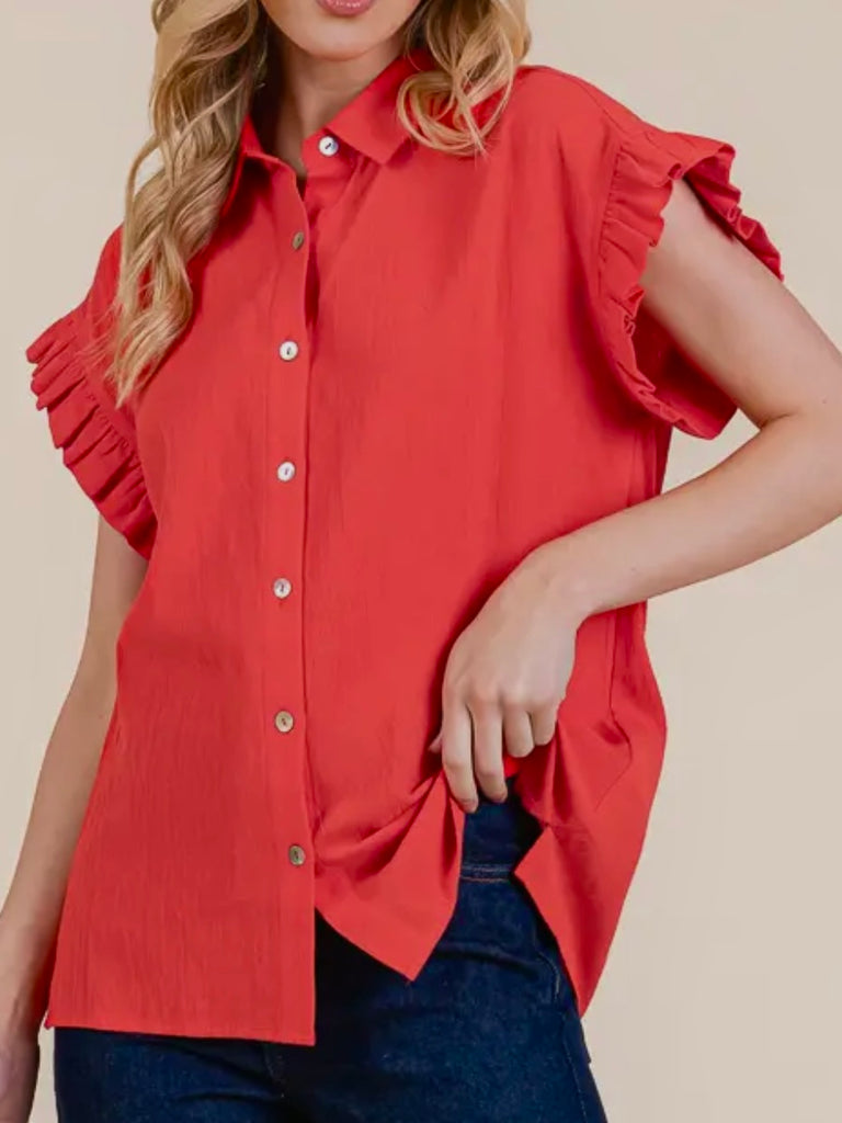 Anna Ruffle Accent Button-Up-Tomato