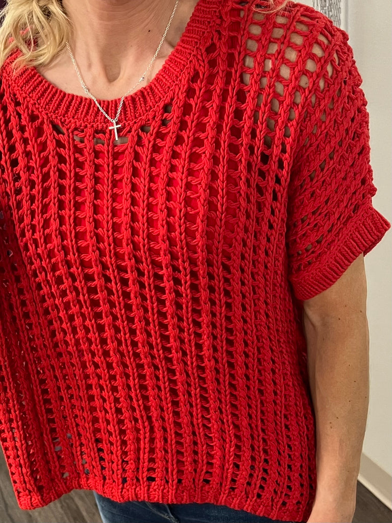 Afton Open-Knit Top - Tomato Red