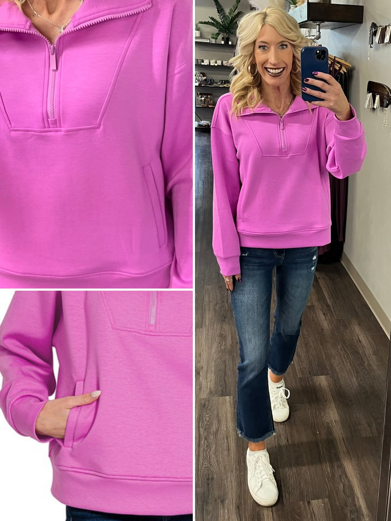 Zoey 1/4 Zip Pullover - Bright Mauve