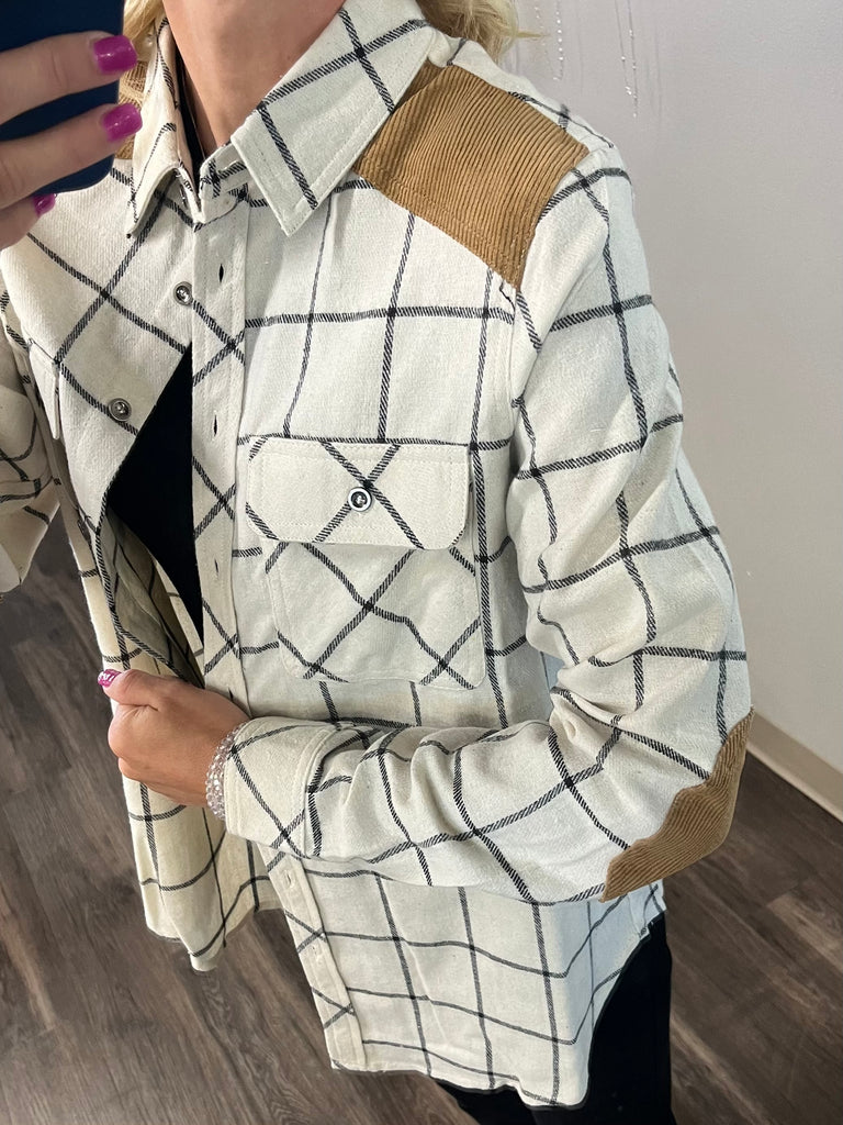 Aria Suede Accent Plaid Shirt - White/Brown