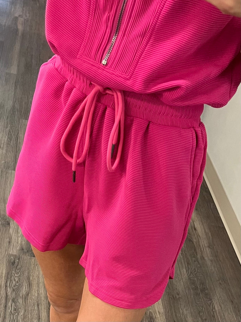 Mackenzie 1/4 Zip Ribbed Romper - Fuchsia