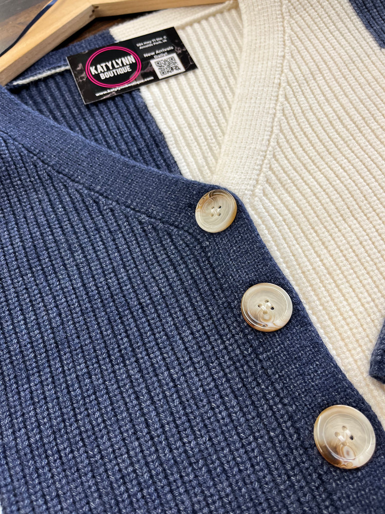 Rhonda Color-Block Cardigan - Navy/Cream