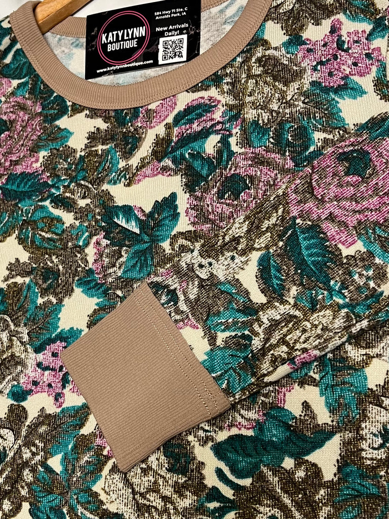 Karen Floral Long Sleeve - Teal/Taupe