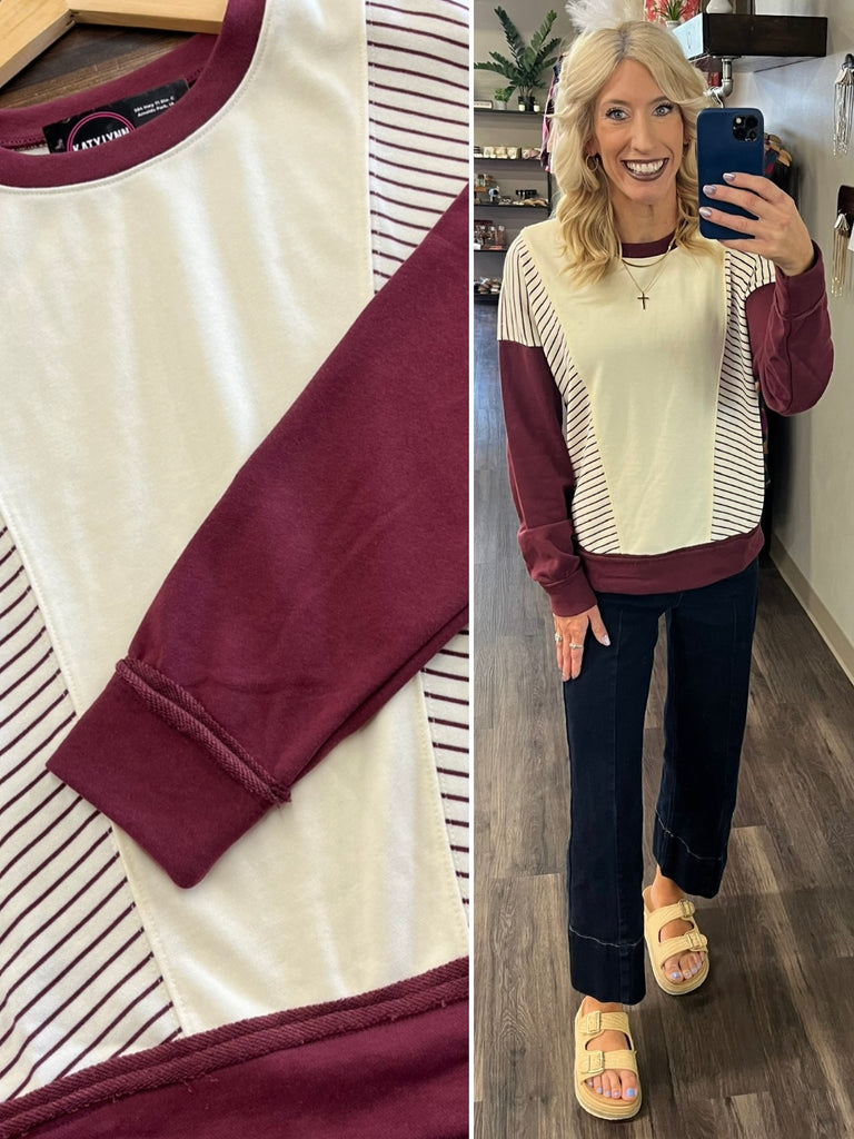 Hannah Color-Block Crewneck - Maroon