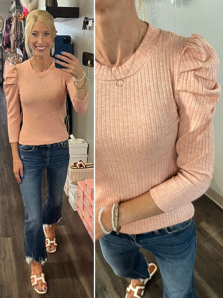 Leena Puff Sleeve Rib Top - Dusty Rose
