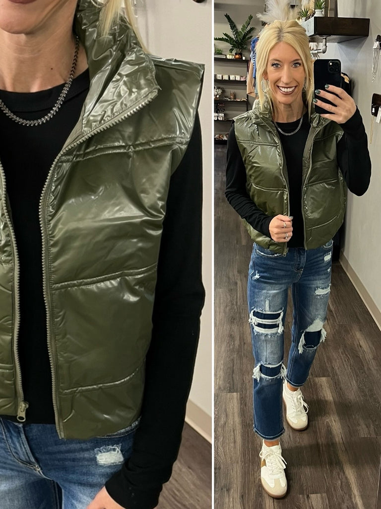 Matilda Puffer Vest - Olive Shimmer