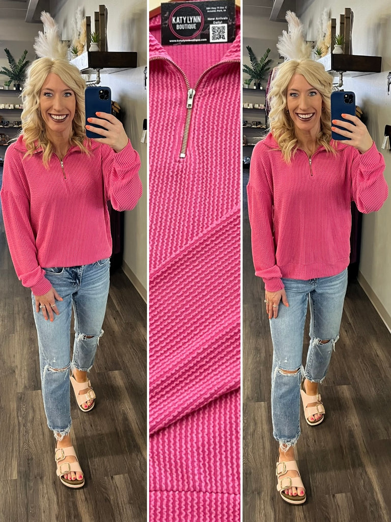Mindy Ribbed 1/4 Zip - Pink