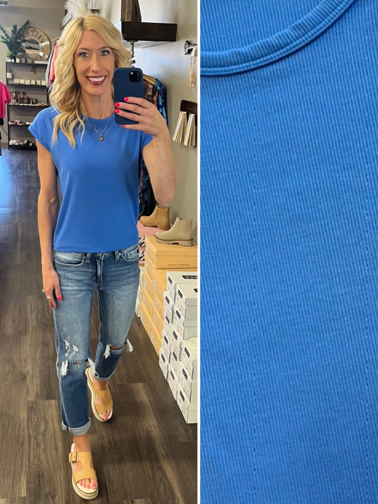 Katrina Ribbed Cap Sleeve Top - Blue