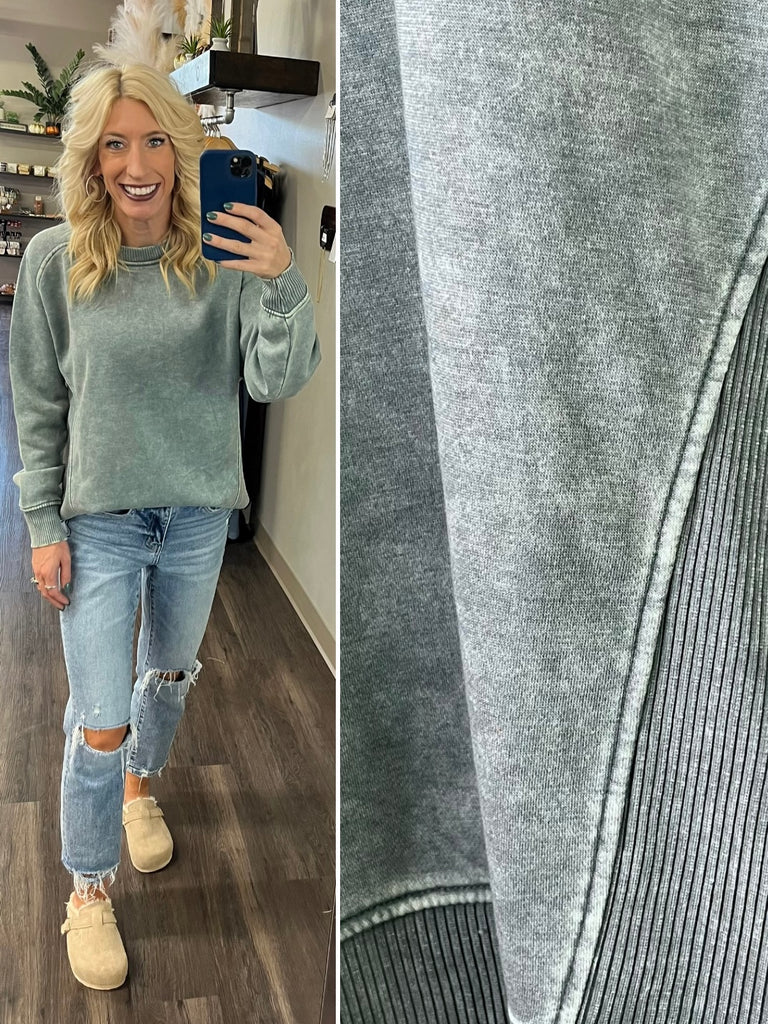 Riley Ribbed Accent Pullover - Mineral Washed Jade