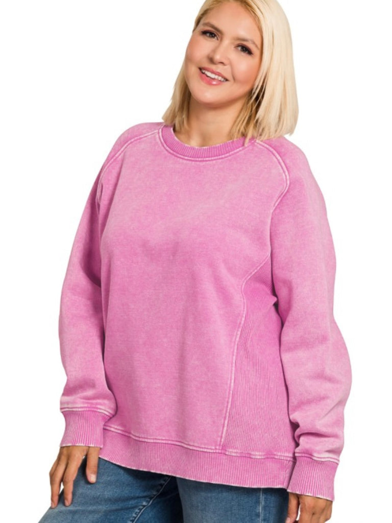Riley Ribbed Accent Pullover - Mineral Washed Mauve - PLUS