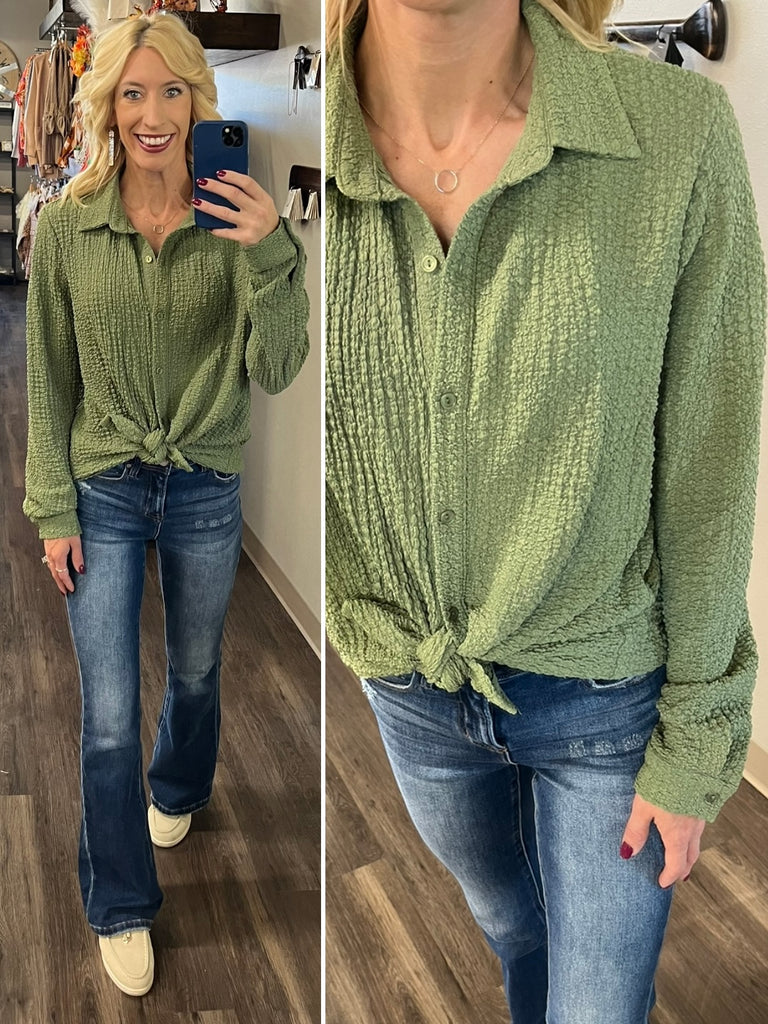 Carmen Crinkle Button - Up - Sage