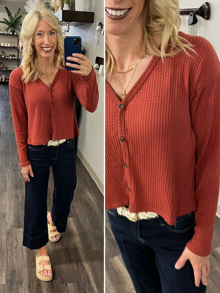 Katie Rust Waffle Knit Button Shirt