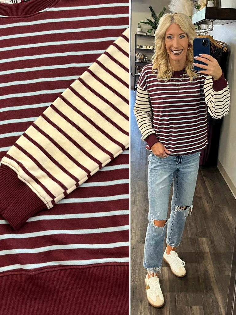Tami Mixed Stripe Crewneck - Maroon