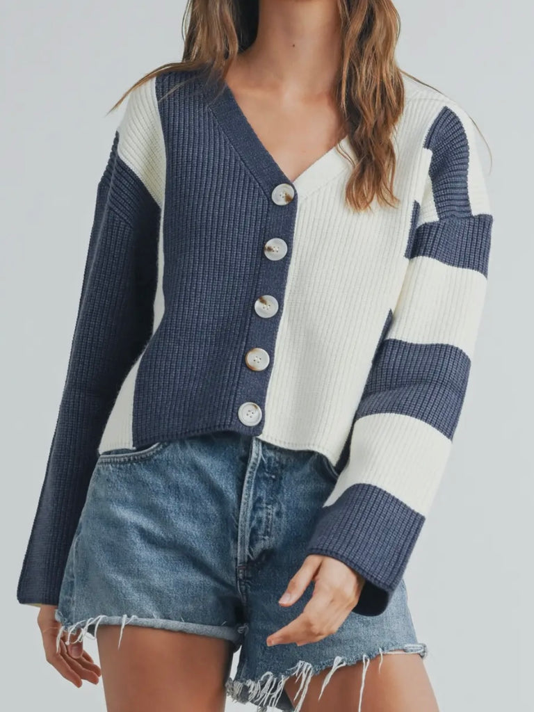Rhonda Color-Block Cardigan - Navy/Cream