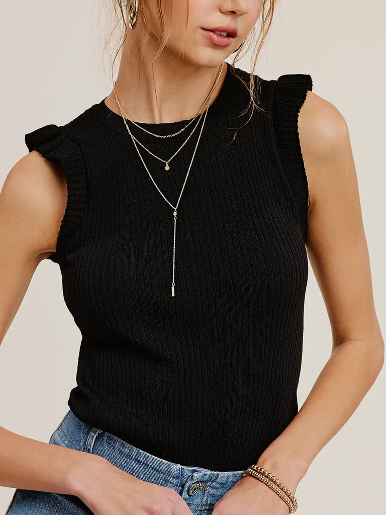 Stella Ribbed Stretchy Ruffle Sleeve - Black