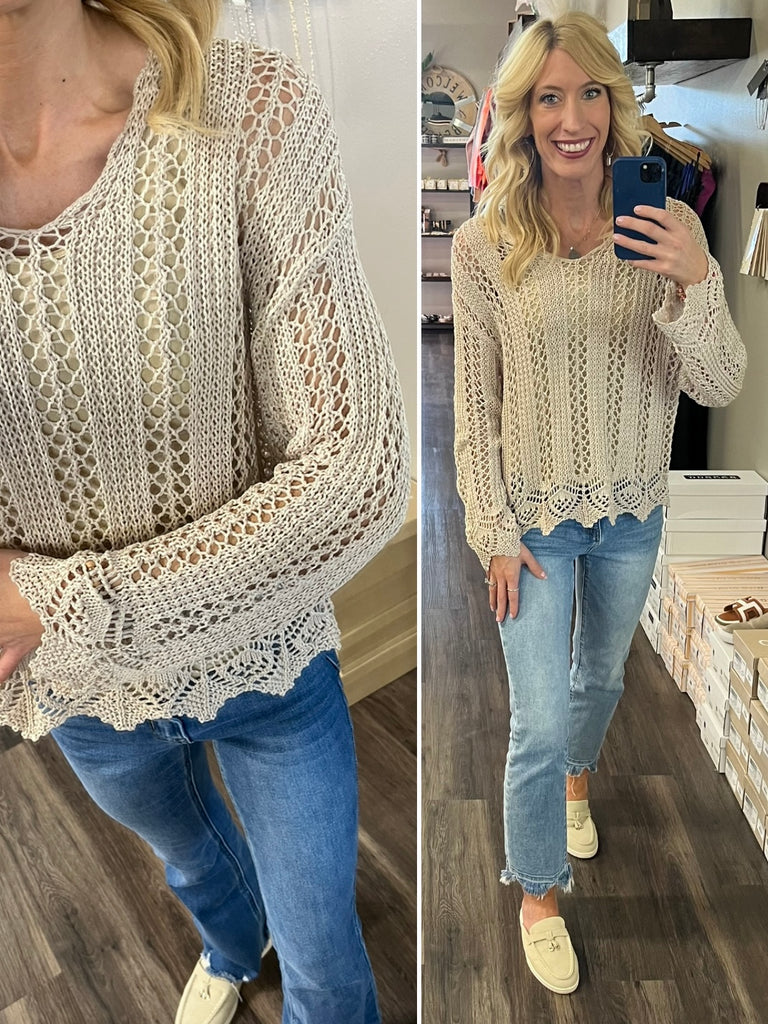 Sandie Open-Knit Scalloped Sweater