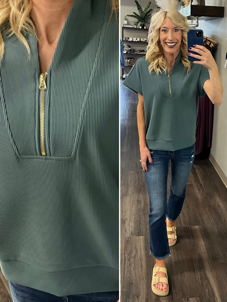 Kristina Ribbed 1/4 Zip Top - Jade