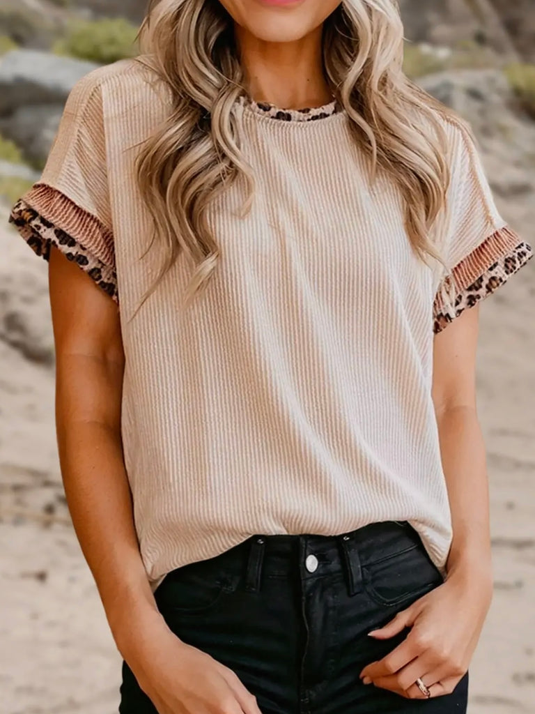 Nadine Ribbed Leopard Sleeve Tee