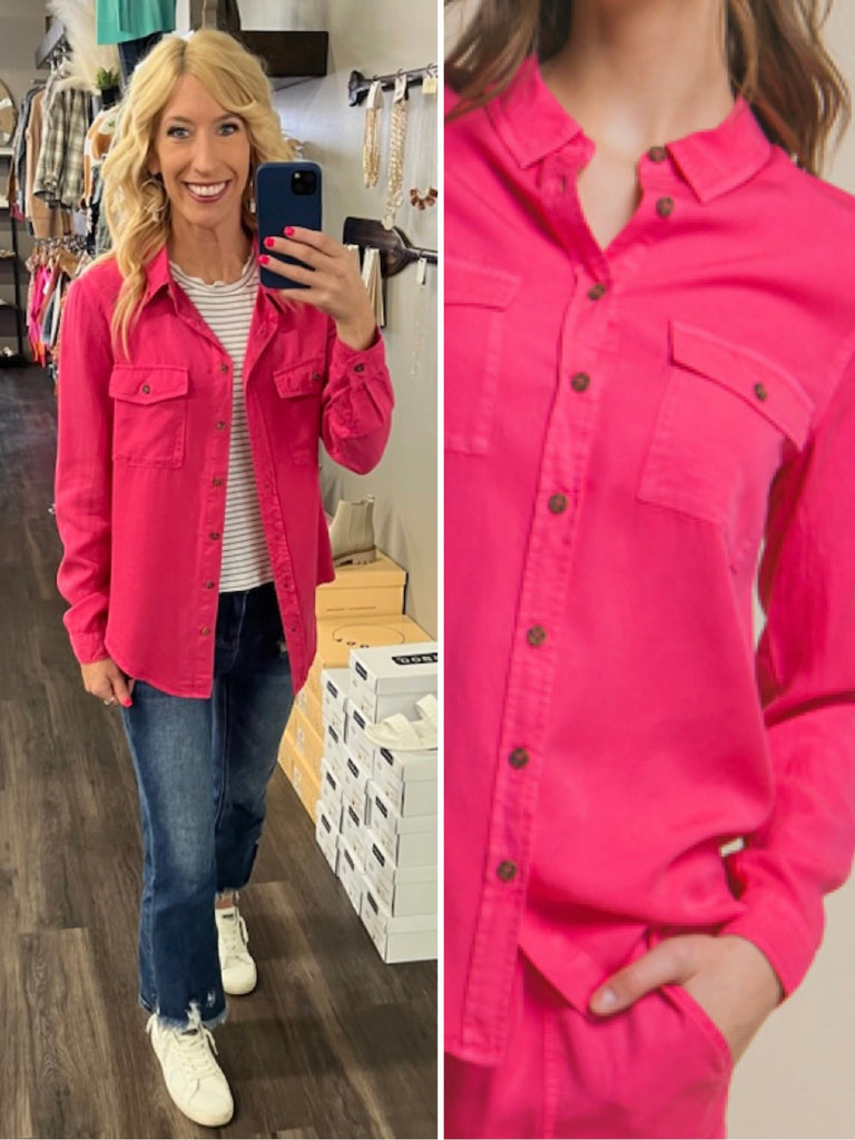 Nadia Button Up Long Sleeve - Fuchsia