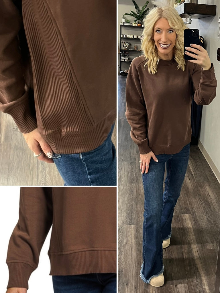 Riley Ribbed Accent Pullover - Brown