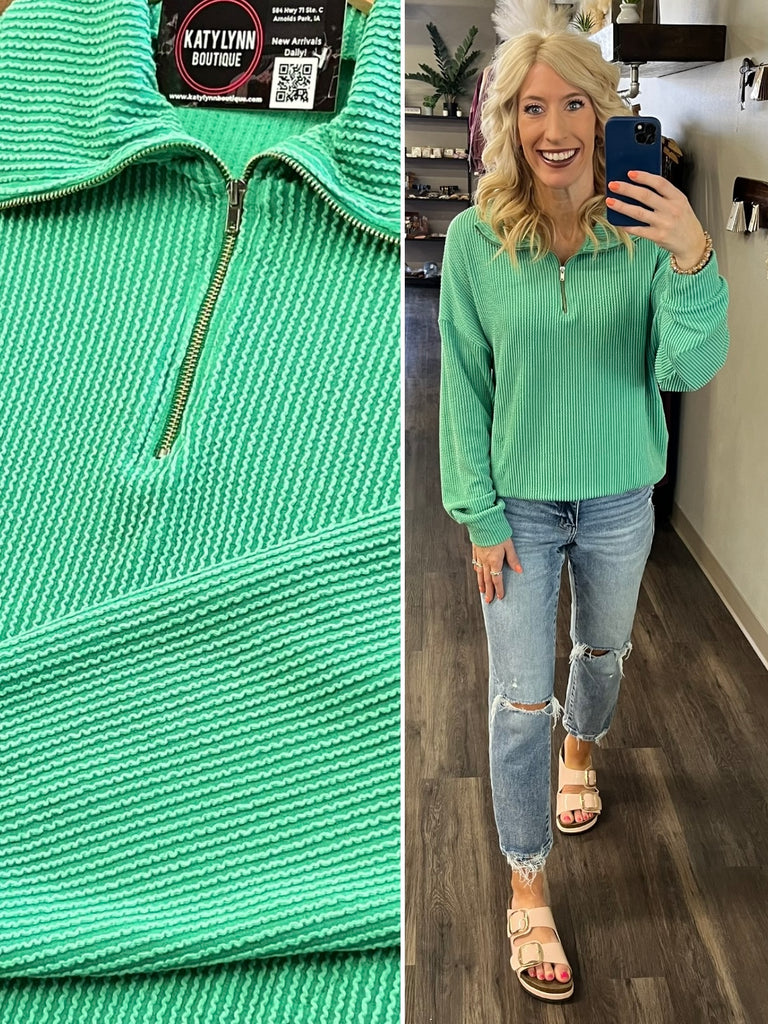 Mindy Ribbed 1/4 Zip - Green