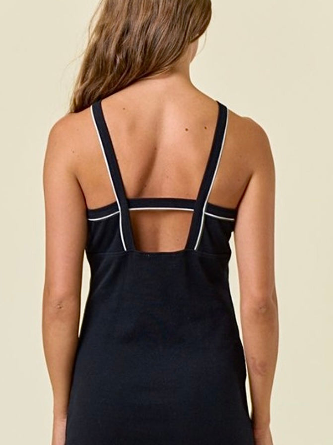 Everlee Halter Dress Black with White Piping