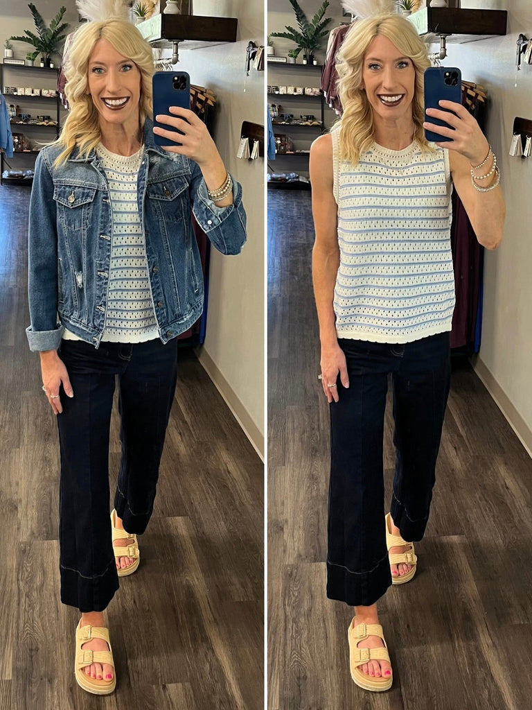 Kinze Striped Sweater Tank - Sky Blue
