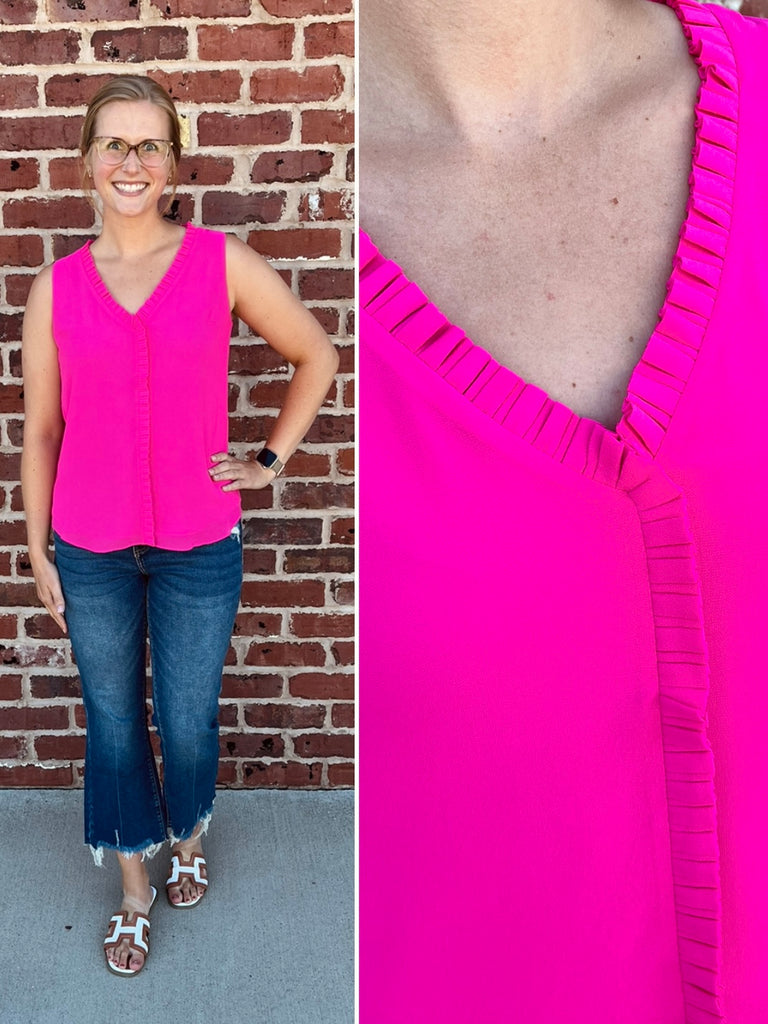 Sadie Ruffle V-Neck - Bright Pink