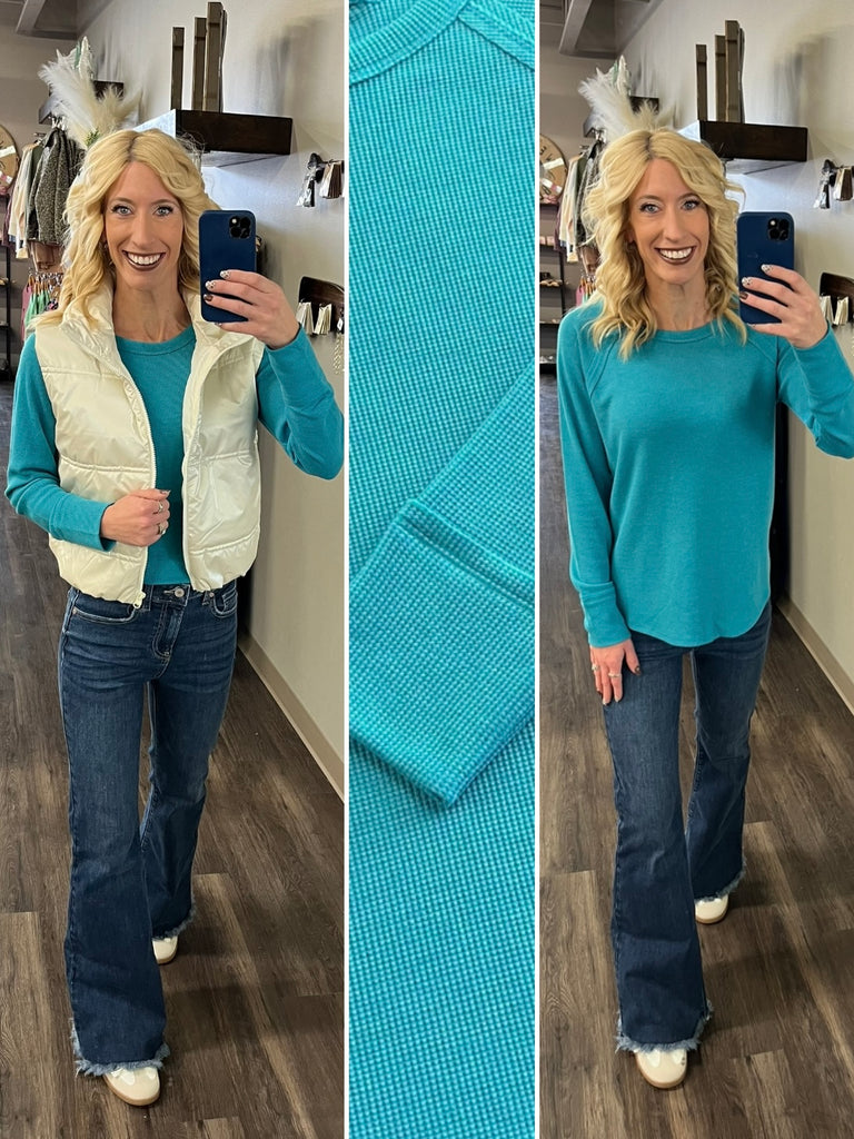 Sonya Long Sleeve Waffle Knit - Turquoise