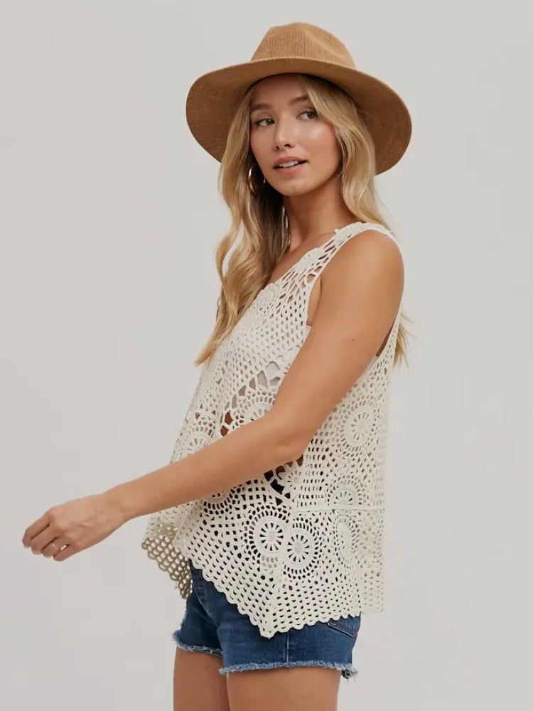 Journee Lace Flare Tank - Oat