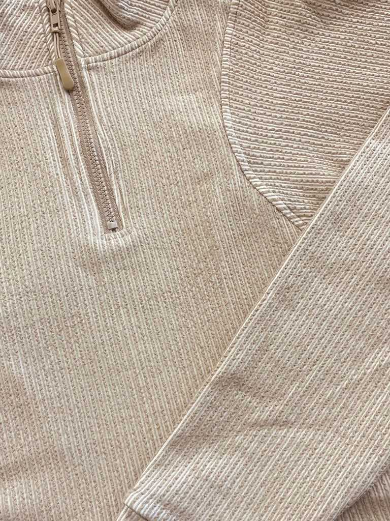 Veronica Ribbed 1/4 Zip With Pockets - Tan