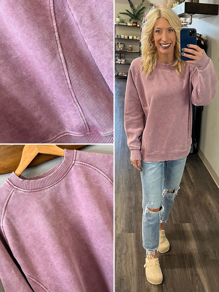 Riley Ribbed Accent Pullover - Mineral Washed Plum