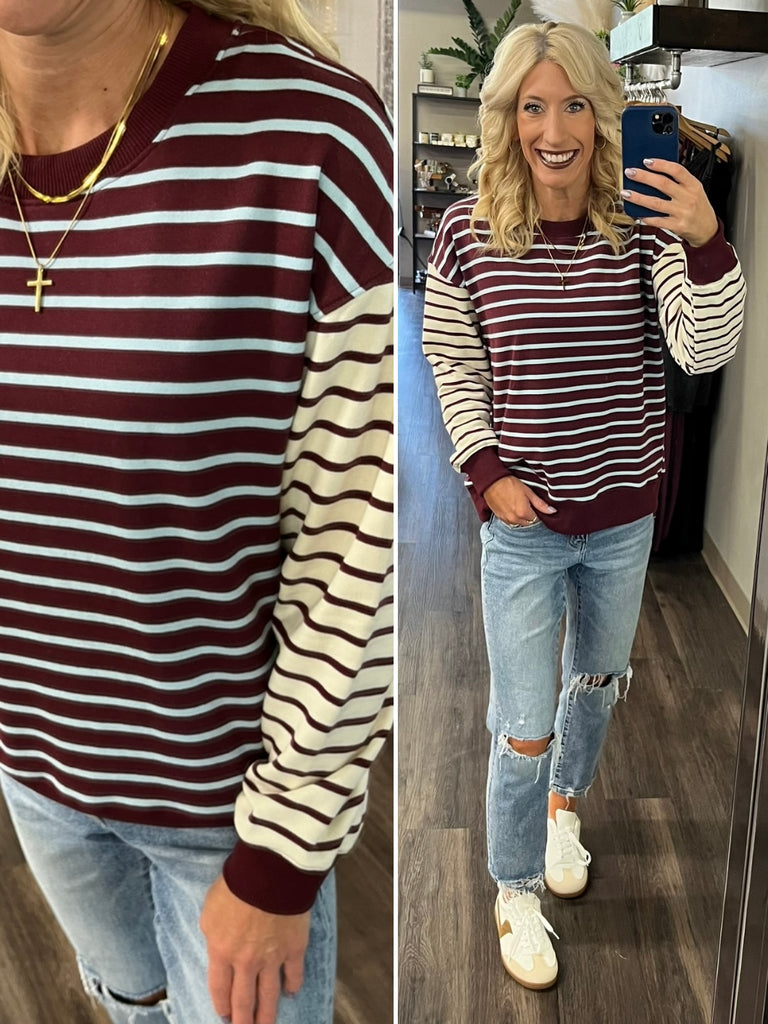Tami Mixed Stripe Crewneck - Maroon