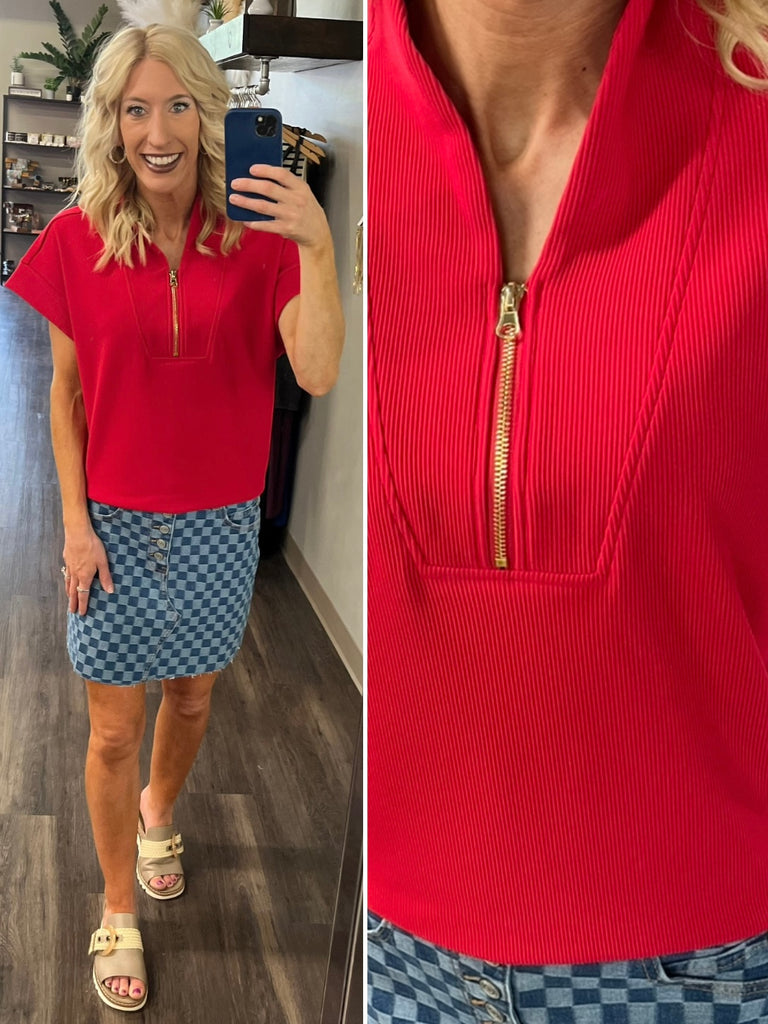 Kristina Ribbed 1/4 Zip Top - Red