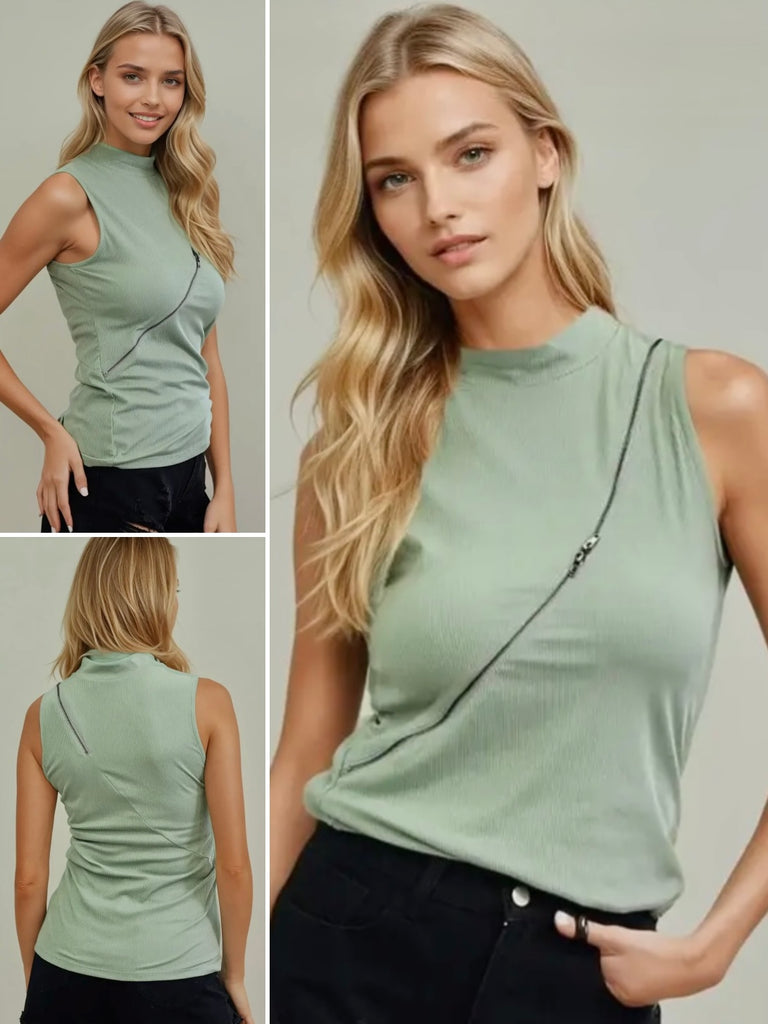 Elissa Diagonal Zip Tank - Sage